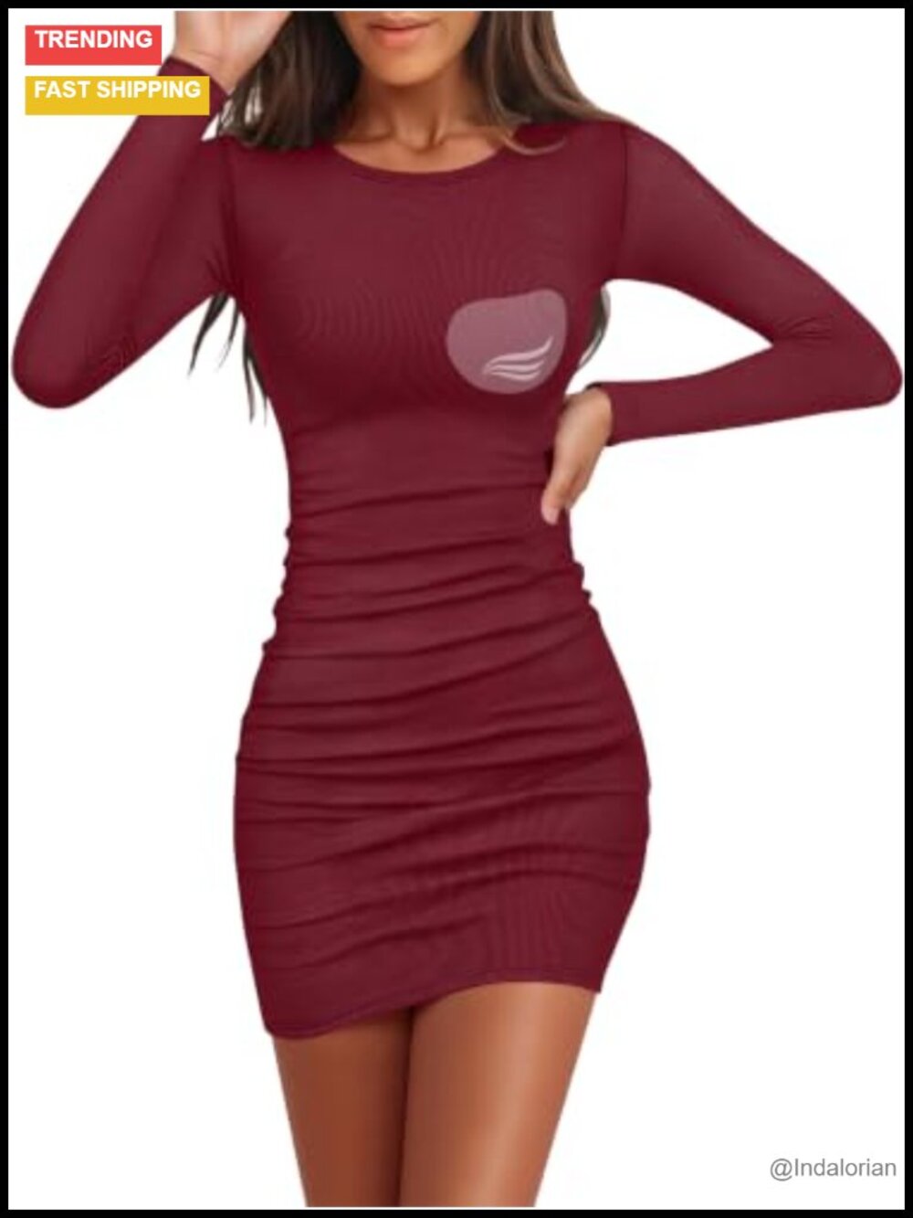 Long Sleeve Bodycon Dress with Built in Bra Crewneck Mini Soft Ribbed Knit